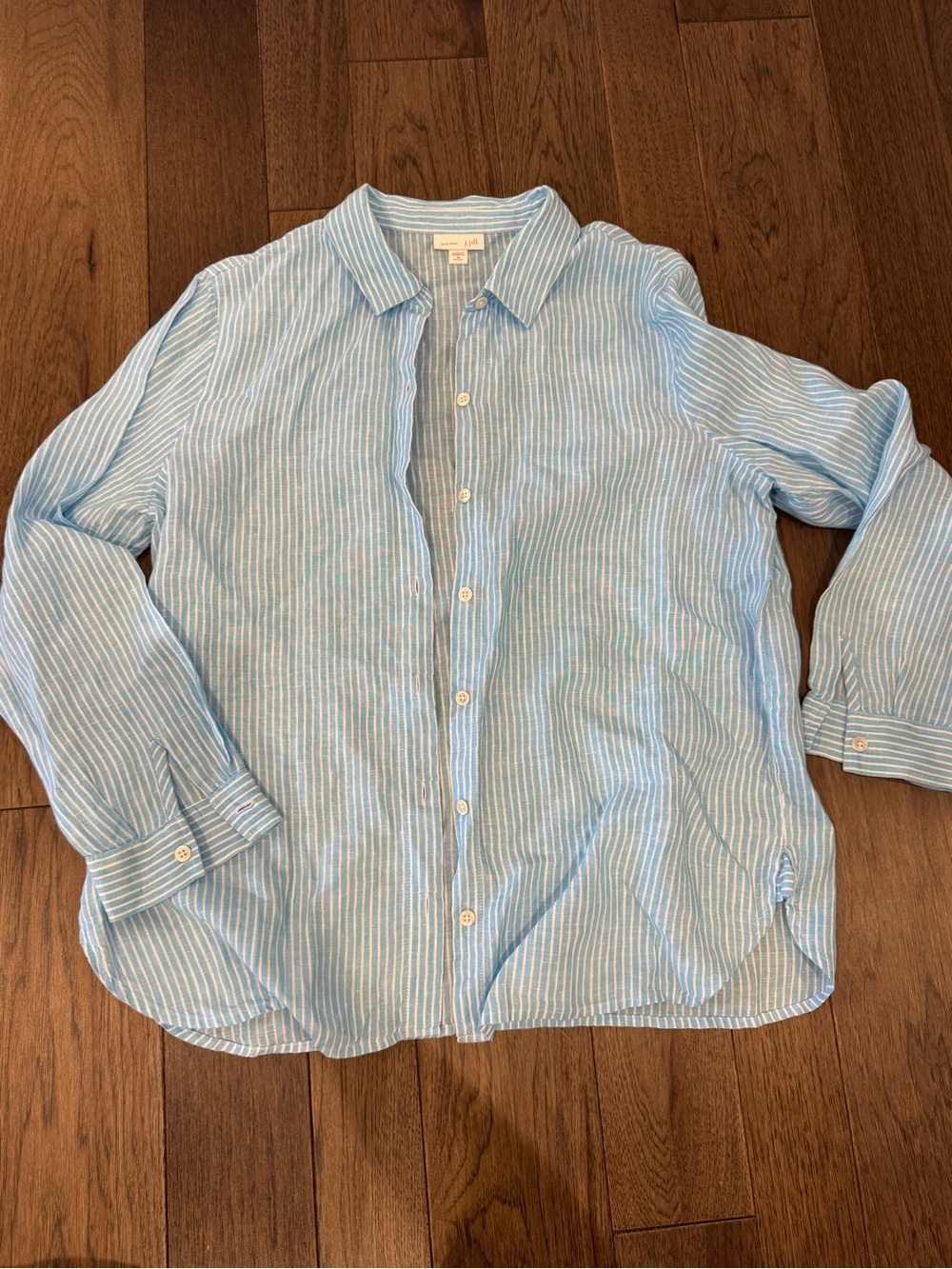 J. Jill Love Linen Aquq Blue and White Striped Button-Down Shirt
